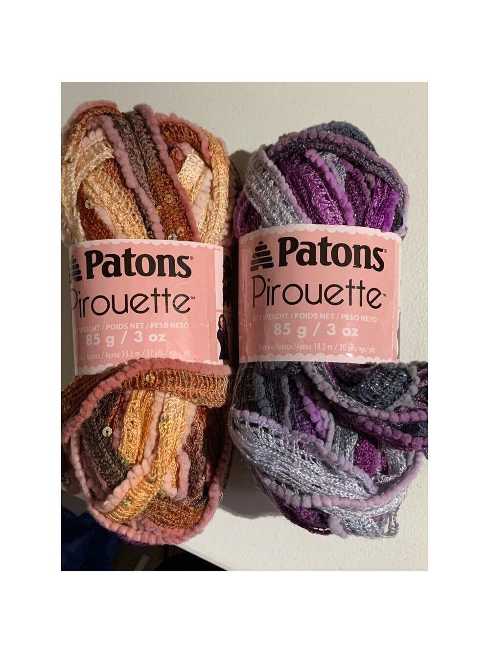 Patons Pirouette Ribbon Fancy Scarf Yarn New Lot Of 2 Skeins Purple & Brown